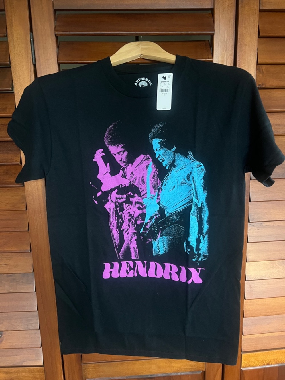 Express Hendrix Black Tee with Pink & Blue Graphic